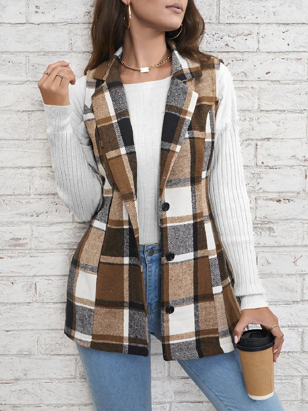 Plaid Button Down Vest Coat Quilted Down Vest