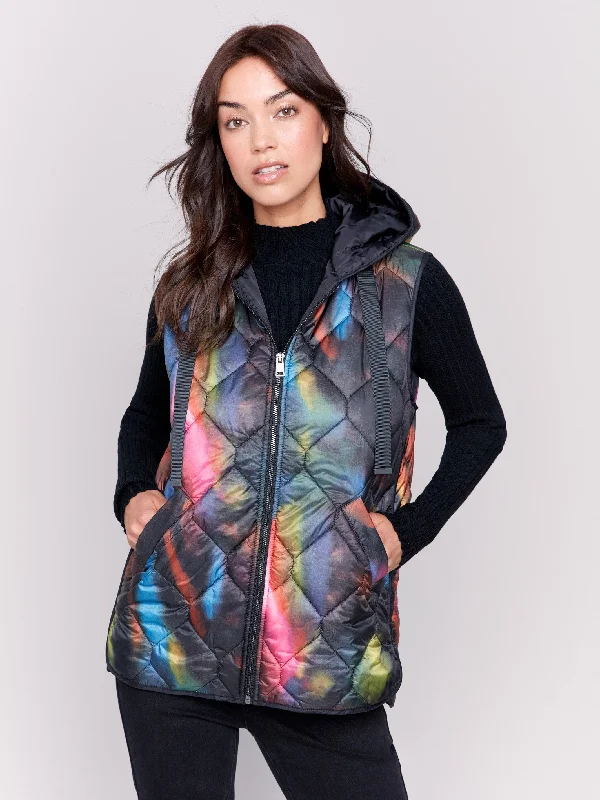 Printed Short Quilted Puffer Vest with Hood - Neon Warm Fleece Vest