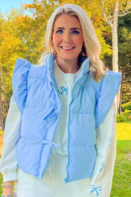 Rhodes Puffer Vest - Light Blue Sleeveless Herringbone Vest