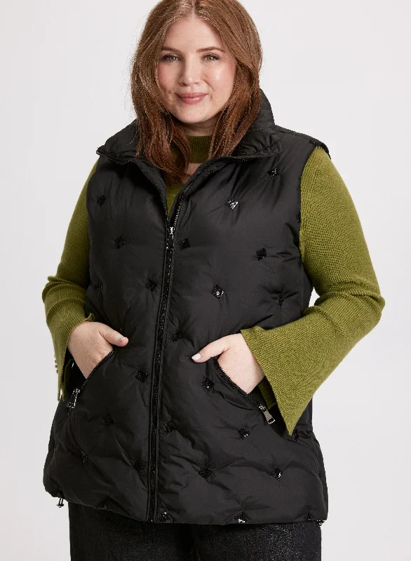 Sequin Detail Puffer Vest Trendy Belted Vest