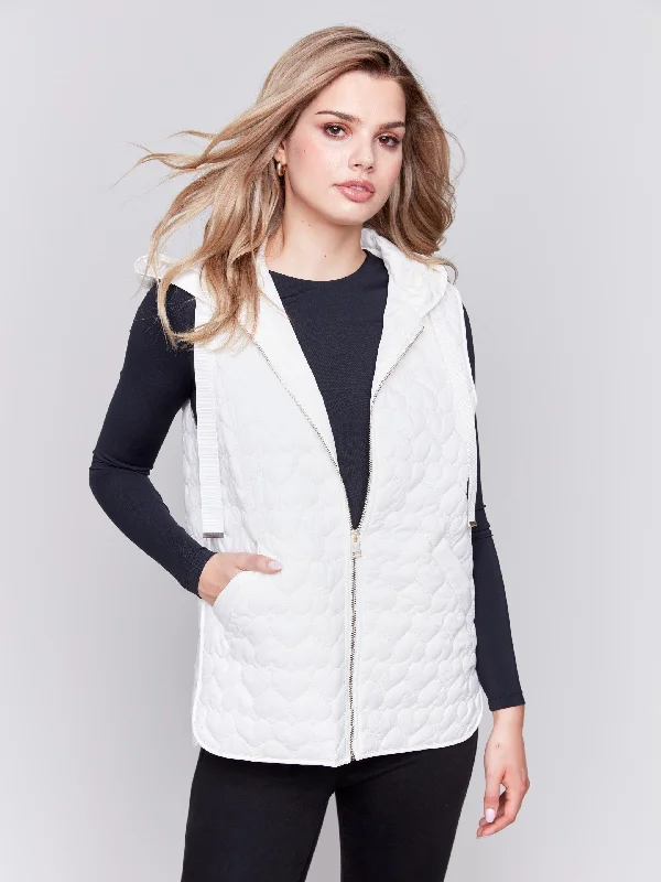 Short Quilted Puffer Vest with Hood - Ecru Classic Double-Breasted Vest