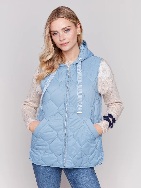 Short Quilted Puffer Vest with Hood - Frost Sleeveless Winter Coat