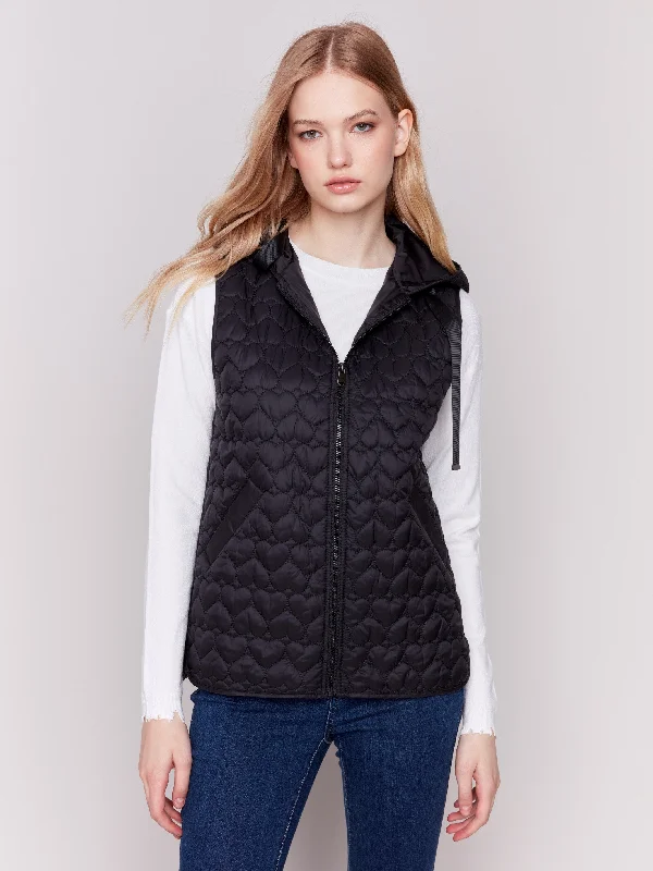 Short Quilted Puffer Vest with Hood - Black Chic Long Vest