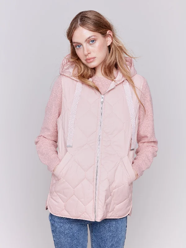 Short Quilted Puffer Vest with Hood - Quartz Elegant Vest Coat