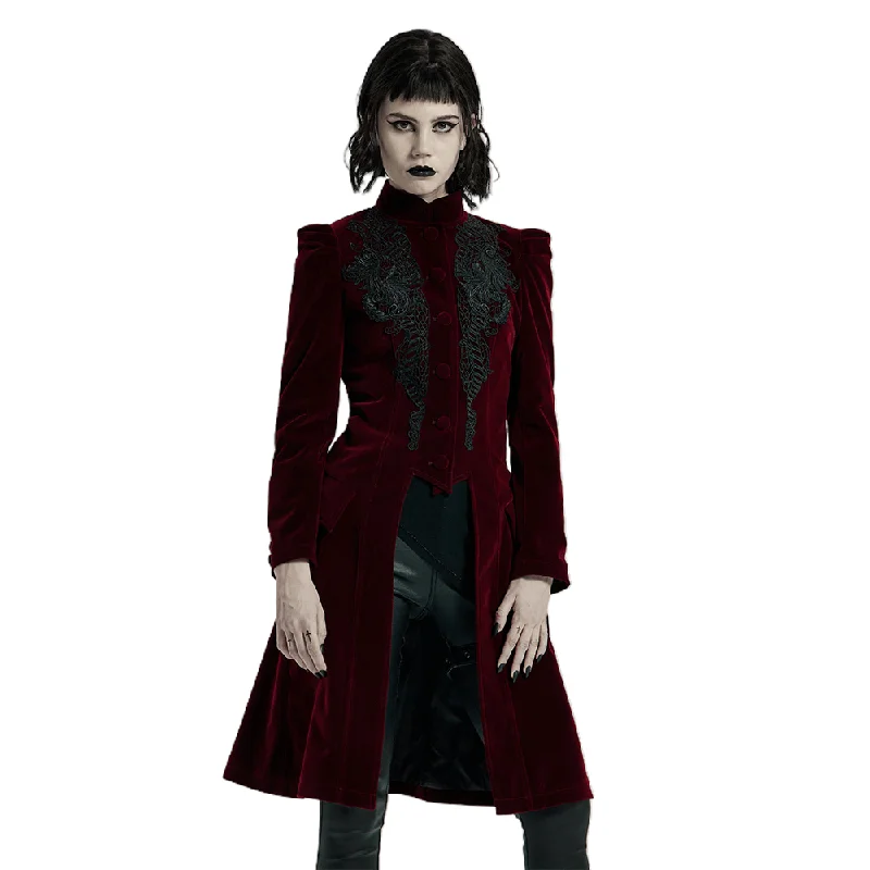 Velvet Gothic Coat with Lace Detail and Drawstring Back Crew Neck V-Neck Boat Neck