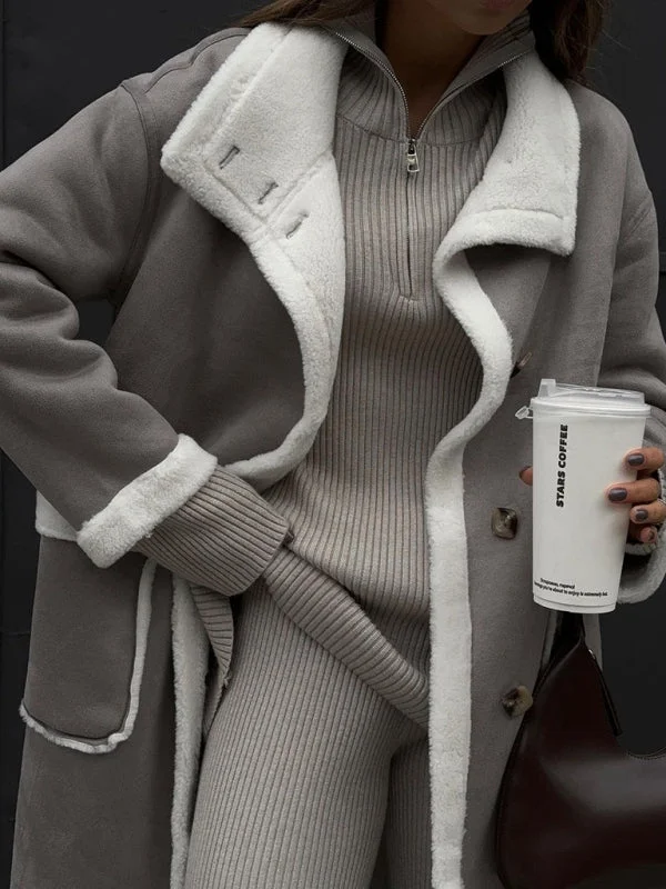 Women's patch pocket gray and white color block coat lapel one-piece fur coat Square Neck One-Shoulder Off-the-Shoulder Women's patch pocket gray and white color block coat lapel one-piece fur coat Square Neck One-Shoulder Off-the-Shoulder