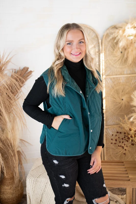 Women's Quilted Puffer Vest-Teal Green Stretchy Knit Vest