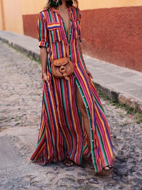 2018 New Stripe Loose Maxi Long Dress Tunics Modern contemporary