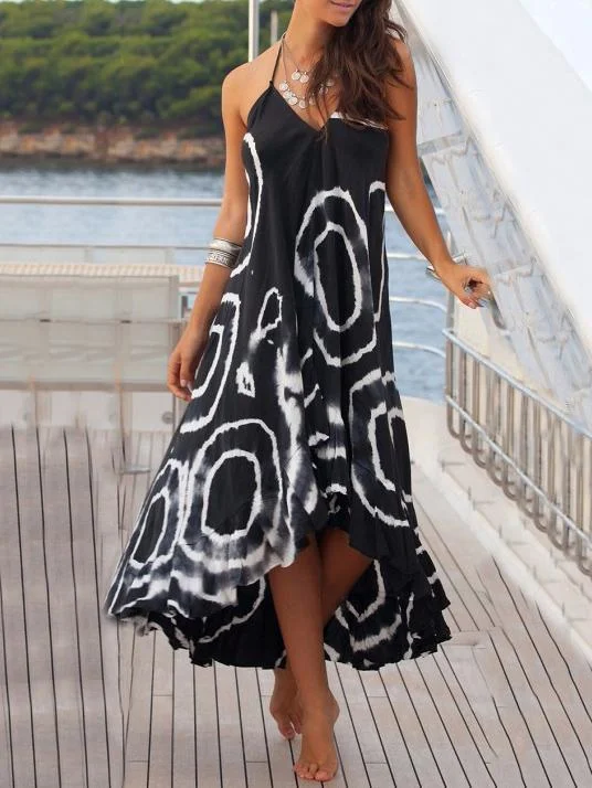 2018 Print Black Halter Beach Maxi Long Dress Tunics Sale discount