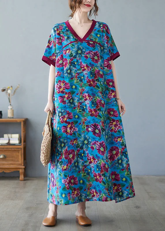 Art Blue Print Patchwork Cozy Long Dresses Summer Tunics Favorite customer