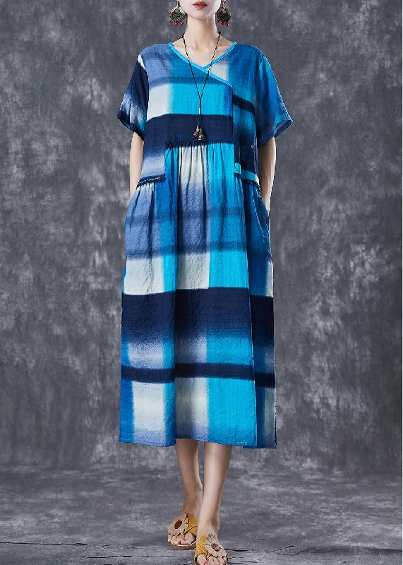 Art Blue Ruffled Patchwork Plaid Cotton Long Dress Summer Cowl Neckline Elegant