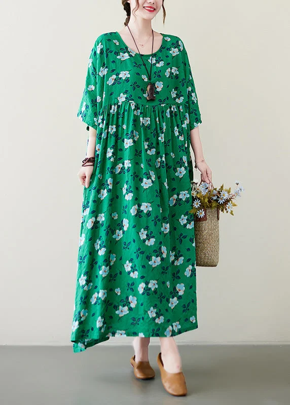 Art Green O-Neck Patchwork Print Cotton Long Dresses Short Sleeve Tunics Floral girly Art Green O-Neck Patchwork Print Cotton Long Dresses Short Sleeve Tunics Floral girly