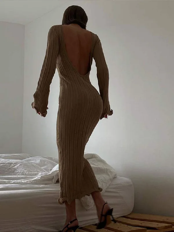 Backless Flare Sleeves Sexy Knitted Long Dress For Women Pit Strip Ruffles Slim Maxi Vestidos Dresses Summer Beach Vacation Robe Tunics Stylish elegant Backless Flare Sleeves Sexy Knitted Long Dress For Women Pit Strip Ruffles Slim Maxi Vestidos Dresses Summer Beach Vacation Robe Tunics Stylish elegant