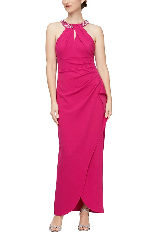 Beaded Halter Neck Matte Jersey Dress with Side Ruching at the Waist Tunics Luxurious premium Beaded Halter Neck Matte Jersey Dress with Side Ruching at the Waist Tunics Luxurious premium