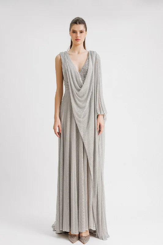 Beaded neckline tulle dress with cape sleeve Tunics Seasonal trendy