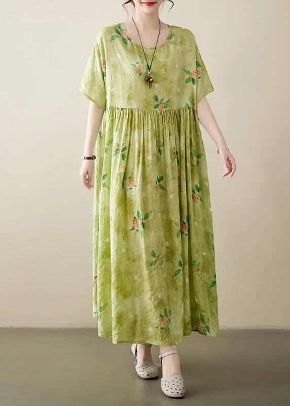 Beautiful Yellow Green Print Wrinkled Cotton Long Dress Summer Tunics Occasion special Beautiful Yellow Green Print Wrinkled Cotton Long Dress Summer Tunics Occasion special