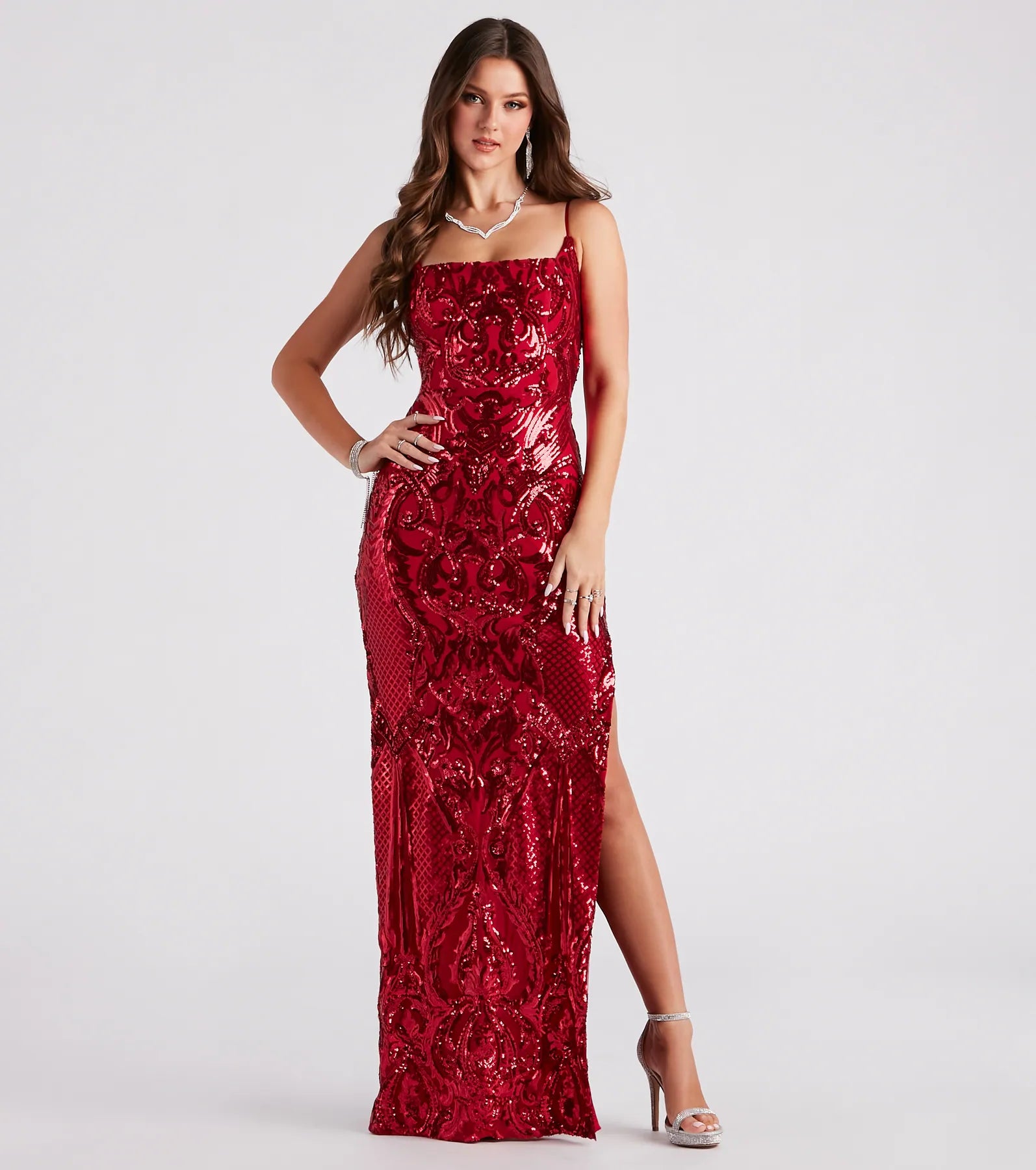 Bethany Formal Sequin Slit Long Dress Tunics stripes playful