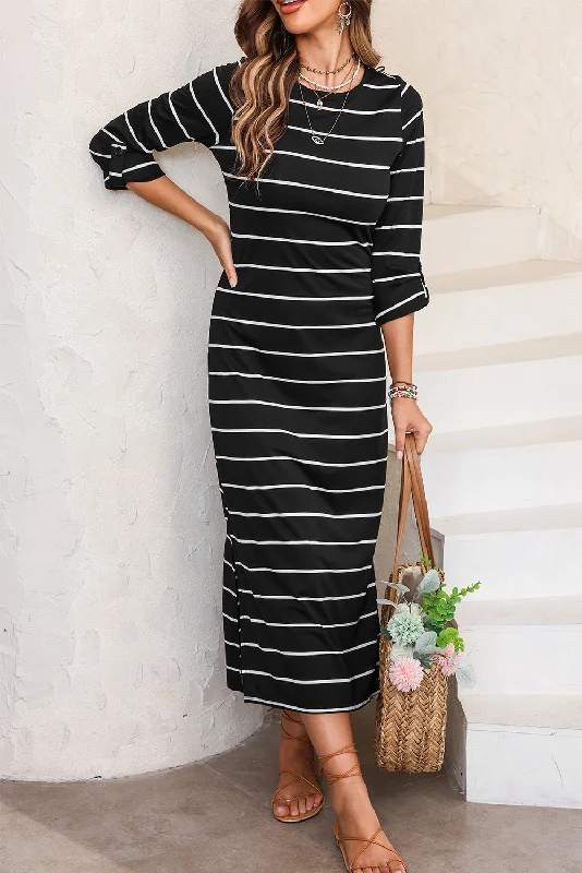 Black Striped Casual Slit Long Dress Tunics Gym athletic