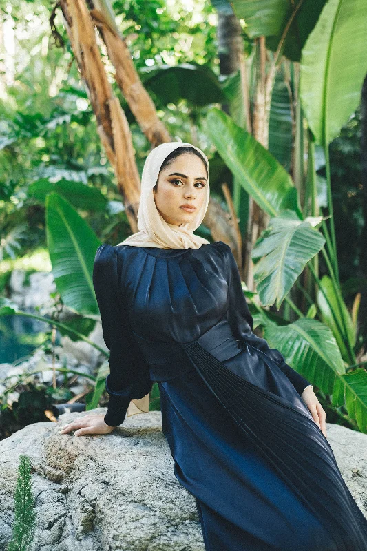 Blair Waisted Satin Dress- Navy Blue Tunics Long Elegant
