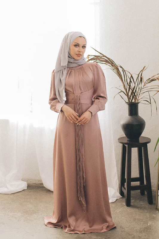 Blair Waisted Satin Dress- Rose Pink Turtleneck Warm Winter