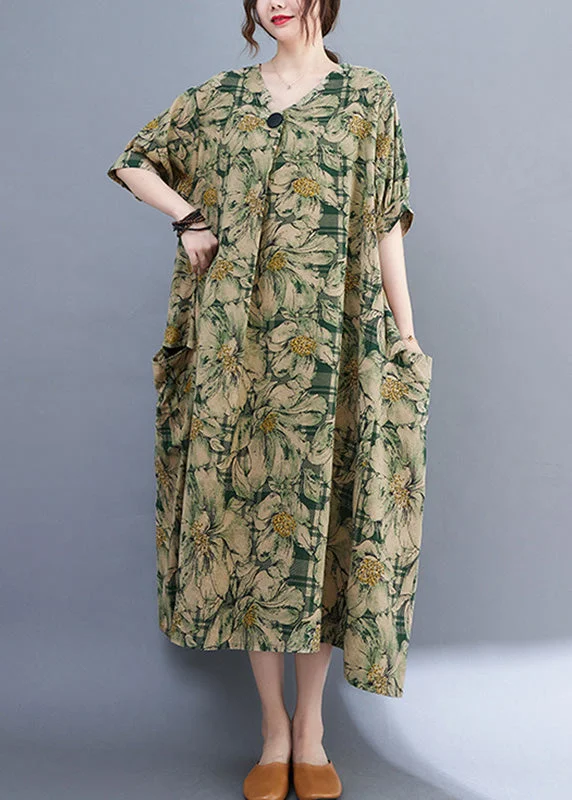 Bohemian Green V Neck Print Wrinkled Holiday Long Dress Summer Tunics Spring floral
