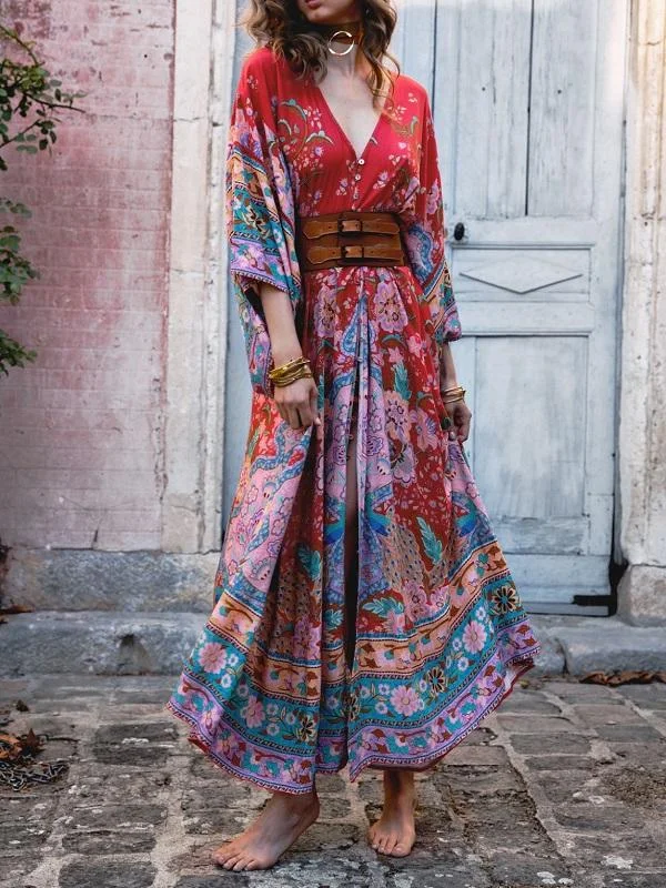 Bohemian Maxi Lotus Print V-Neck Long Dress Tunics Cozy comfortable