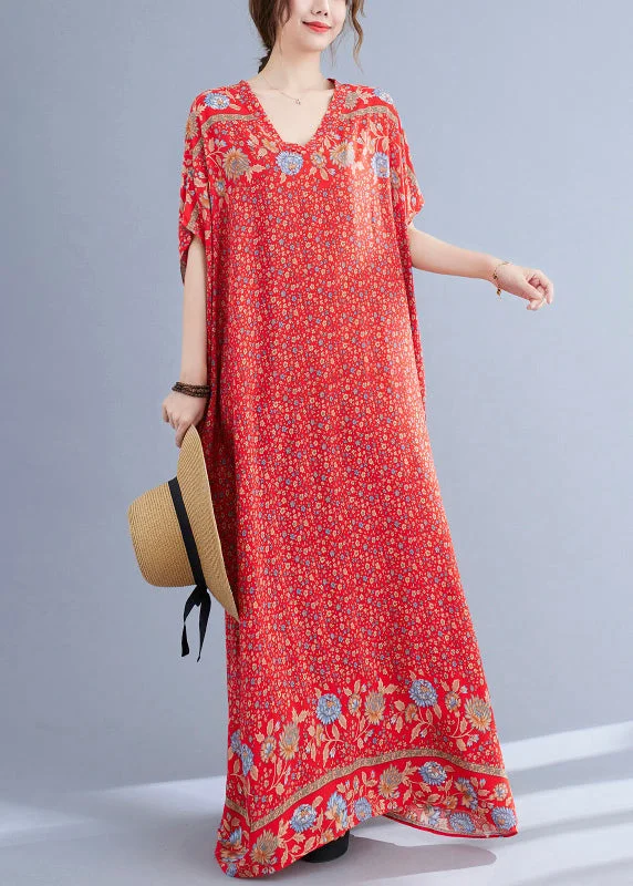 Boho Red V Neck Print Cotton Holiday Long Dress Summer Tunics Luxurious premium