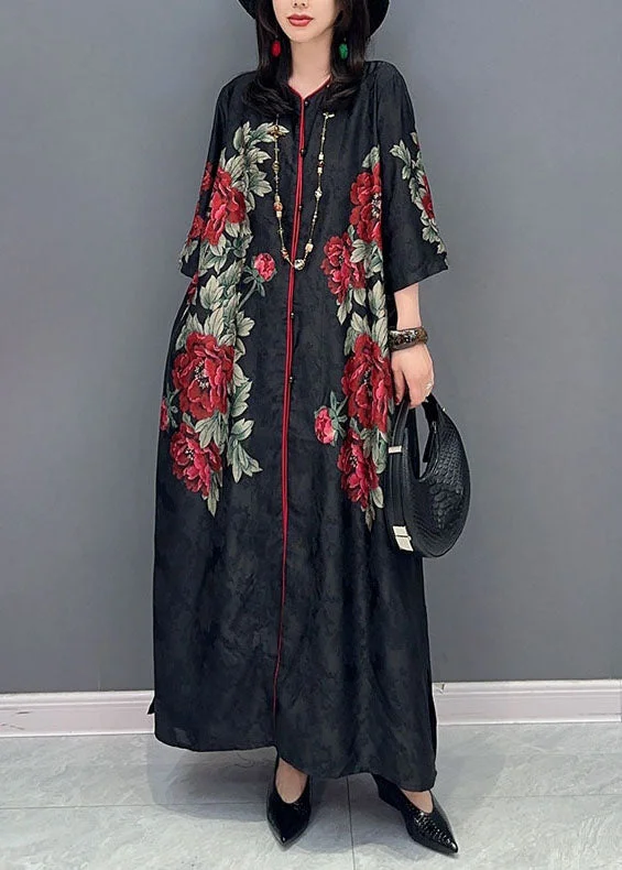 Boutique Black V Neck Print Button Patchwork Silk Long Dress Summer Tunics Silk luxurious