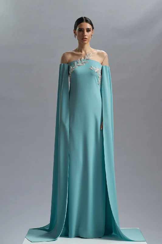 Cape sleeves blue crepe dress with embroidery Tunics Fashionable chic