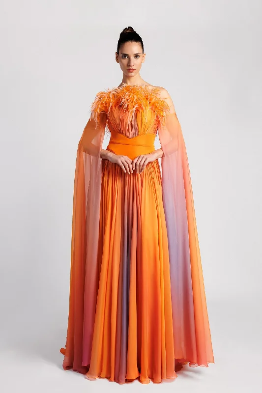 Cape sleeves chiffon dress with feathers Tunics Silk luxurious