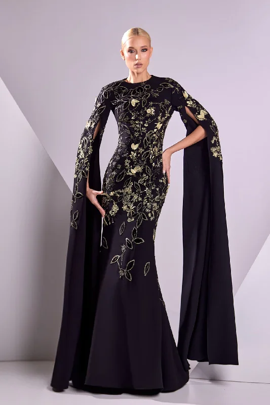 Cape sleeves embroidered crepe dress Tunics Short Trendy