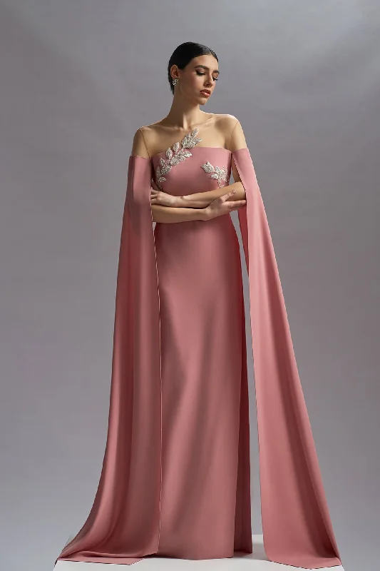 Cape sleeves pink crepe dress with embroidery Tunics Sophisticated sleek
