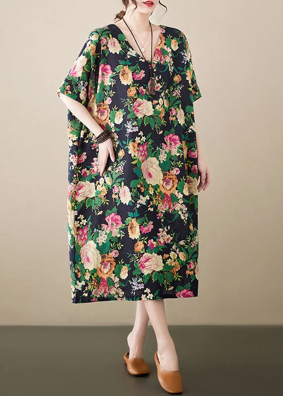 Casual Green Oversized Floral Linen Long Dress Summer Tunics Velvet soft