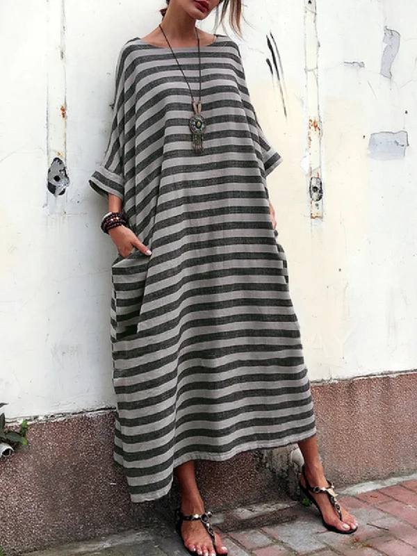 Casual Oversized Striped Round Neck Pocket Long Dress Bodycon Club Sequined