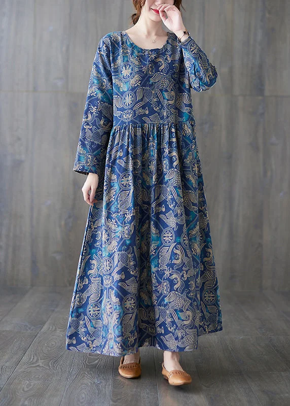 Chic Blue O-Neck Print Patchwork Long Dress Summer Maxi Flowy Bohemian