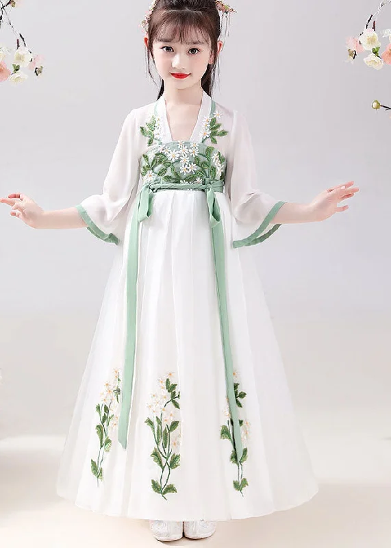 Chinese Style White Embroideried Tie Waist Patchwork Chiffon Kids Girls Dresses Summer Shift Classic Vintage