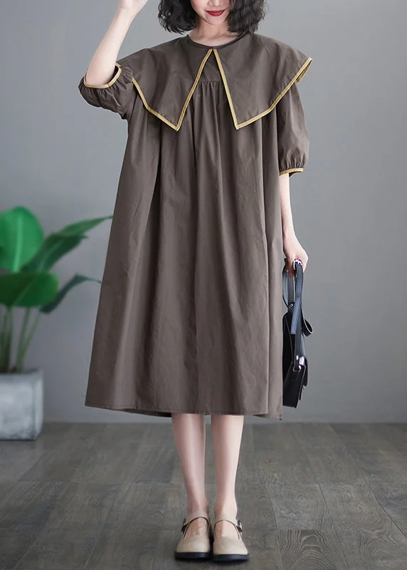 Chocolate Patchwork Cotton Long Dress Oversized O-Neck Half Sleeve sweetheart Neckline Romantic