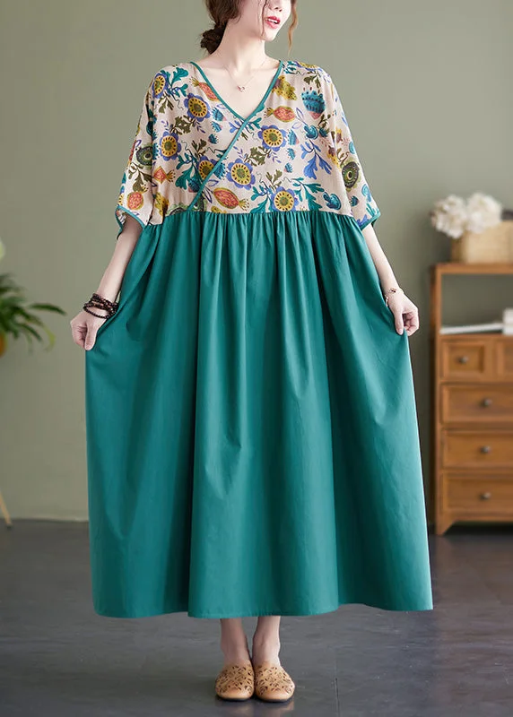 Classy Green Patchwork Wrinkled Cotton Holiday Long Dress Summer Tunics Evening elegant Classy Green Patchwork Wrinkled Cotton Holiday Long Dress Summer Tunics Evening elegant