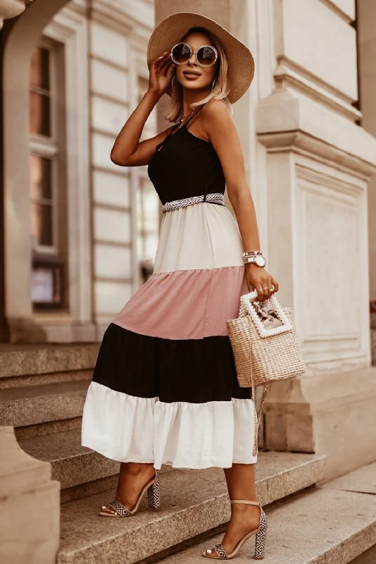 Color Block Sleeveless V Neck Long Dress Tunics Chinos classic