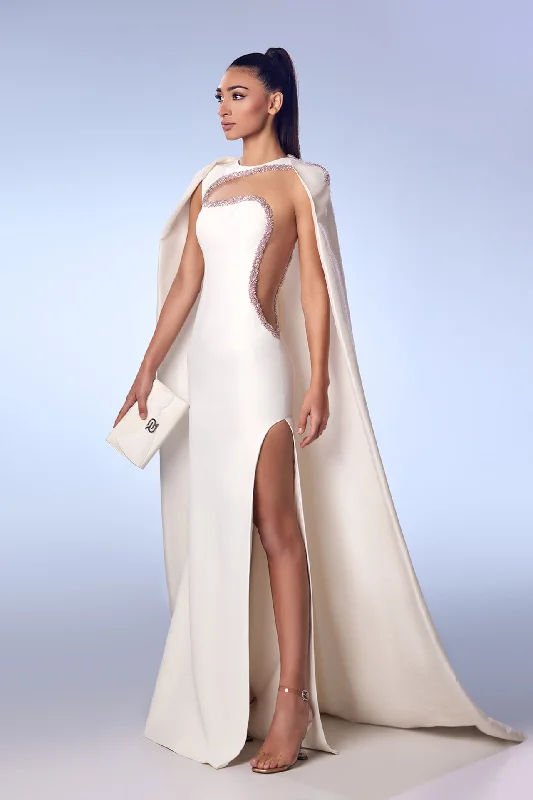 Crepe dress with beaded edges and cape Square Neckline Feminine