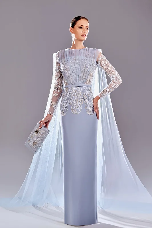 Crepe pleated dress with tulle cape Tunics Spring floral