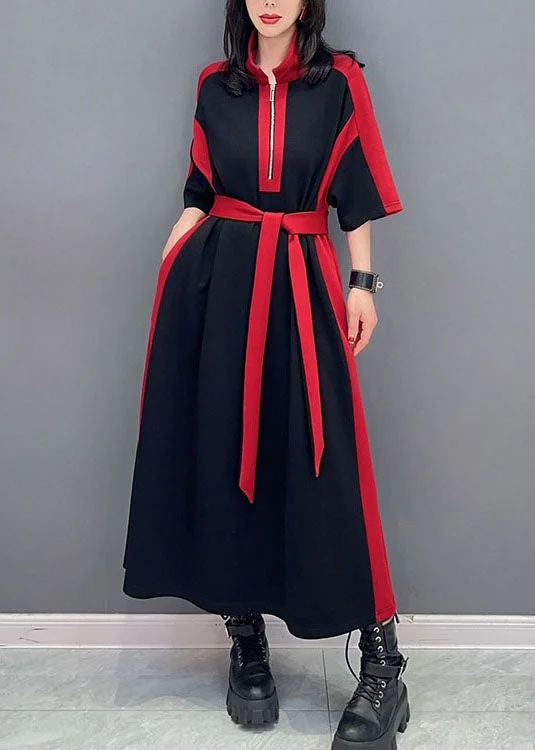 DIY Red Turtleneck Zip Up Tie Waist Patchwork Cotton Dresses Summer Tunics Hiking breathable DIY Red Turtleneck Zip Up Tie Waist Patchwork Cotton Dresses Summer Tunics Hiking breathable