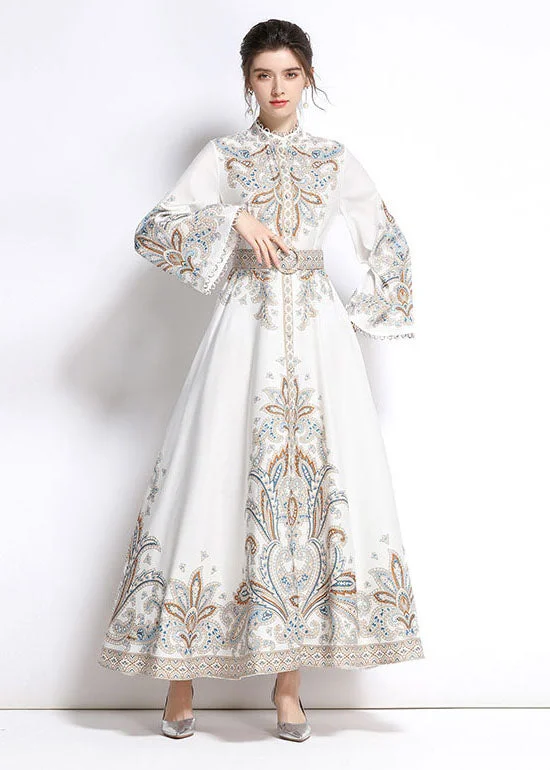 Elegant White Embroideried Patchwork Cotton Exra Large Hem Long Dresses Flare Sleeve Tunics Distressed trendy Elegant White Embroideried Patchwork Cotton Exra Large Hem Long Dresses Flare Sleeve Tunics Distressed trendy