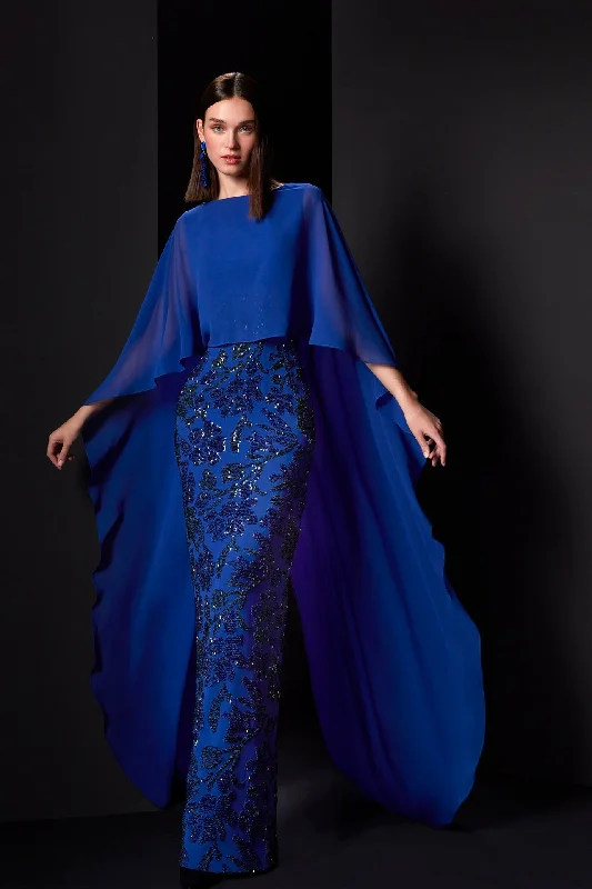 Embroidered gown featuring georgette cape Halter Neckline Beach