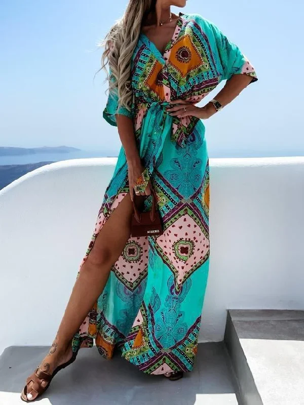 Fashion Lace-up Waist Mid-sleeve Long Dress Tunics Velvet soft