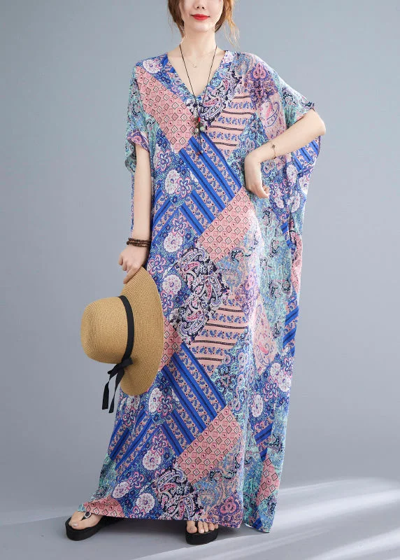 Fashion Pink Blue Print Cotton Beach Long Dresses Summer Tunics Fashionable trendy