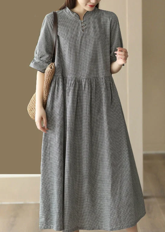 French Black Plaid Stand Collar Linen Long Dress Short Sleeve Tunics Versatile all-occasion French Black Plaid Stand Collar Linen Long Dress Short Sleeve Tunics Versatile all-occasion