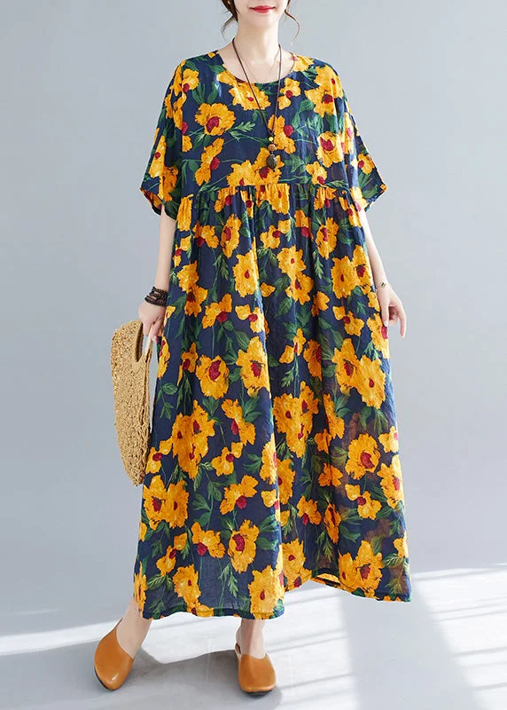 French Yellow O-Neck Print Cotton Long Dresses Short Sleeve Tunics Stylish elegant