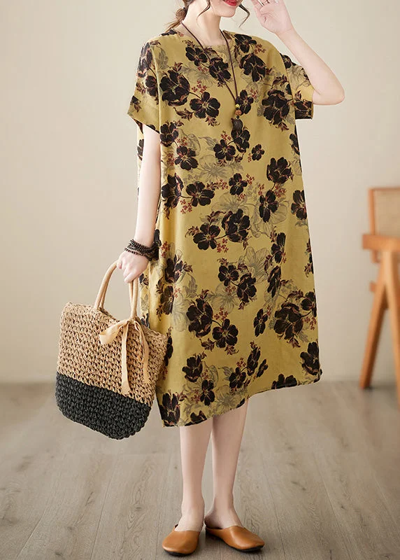 French Yellow Print Patchwork Holiday Long Dress Short Sleeve Tunics Sale discount