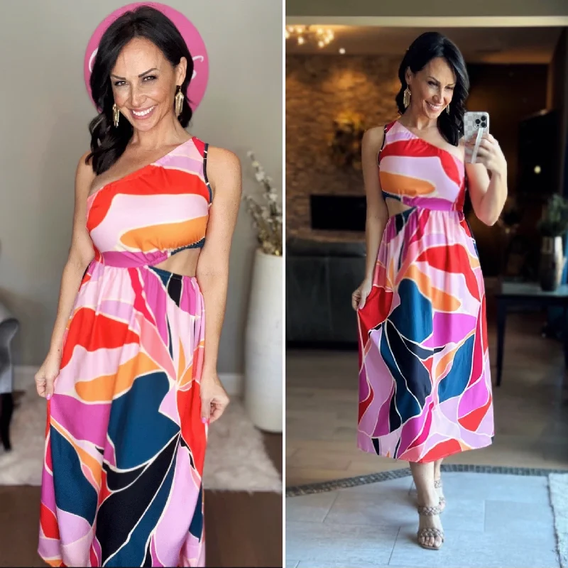 Fuchsia One Shoulder Printed Long Dress Tunics Floral girly